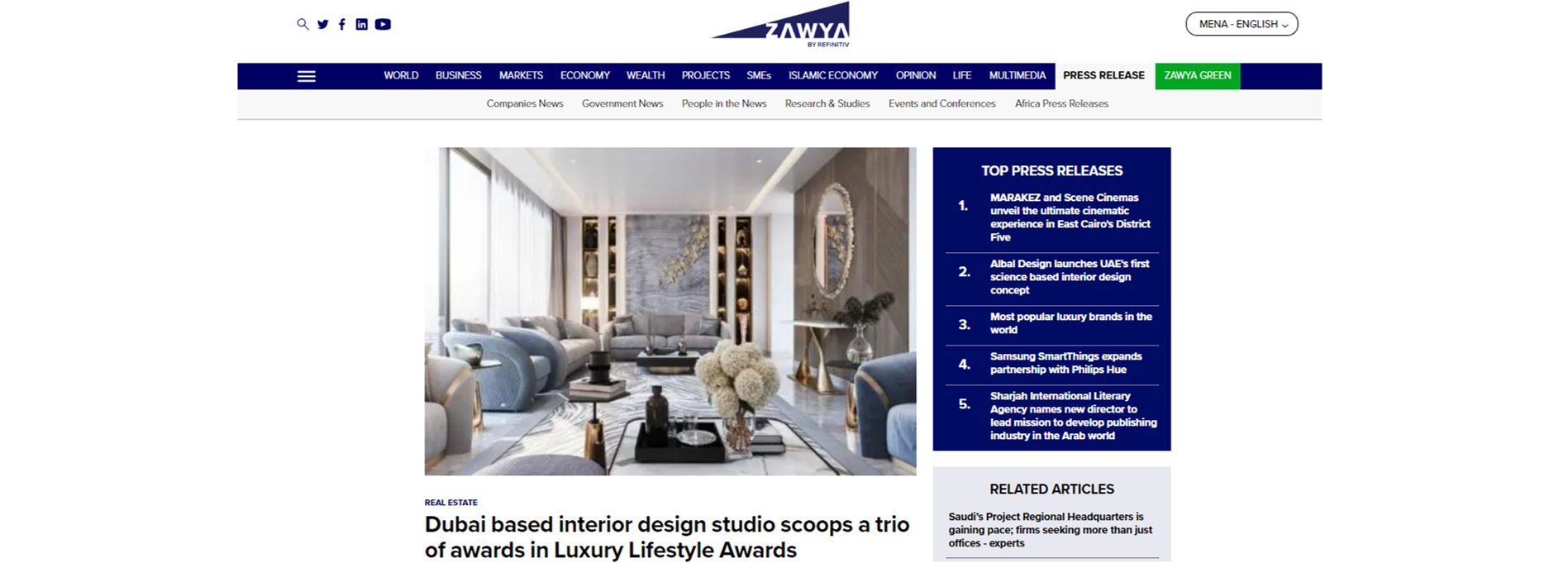 Dubai based interior design studio scoops a trio of awards in Luxury Lifestyle Awards